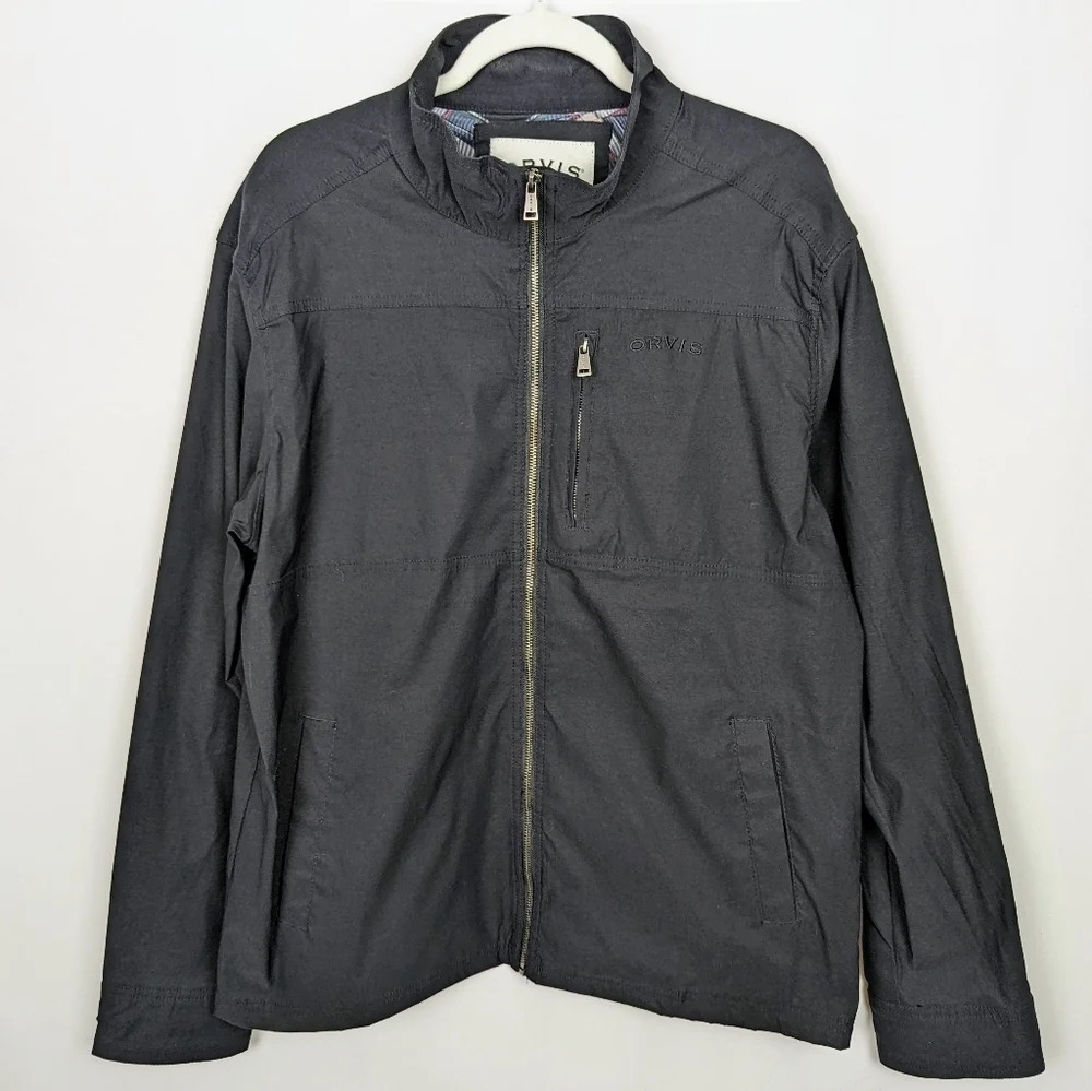 Orvis Jacket Black Nylon Front Zip Lightweight Windbreaker Pockets Coat Men's L